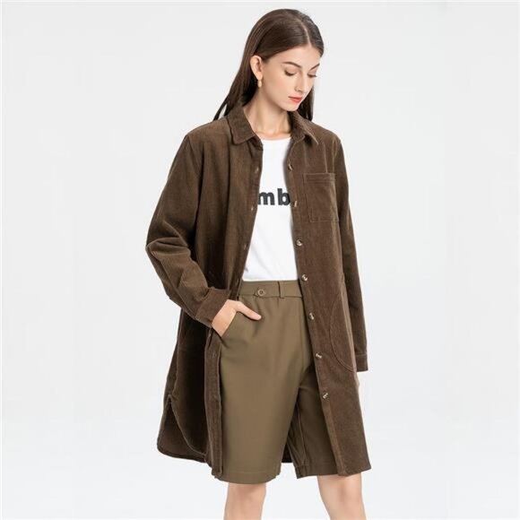 Women's Corduroy Shirt Coats Long Sleeve Button Down Blouses Tops with Pockets - Picture 2 of 7